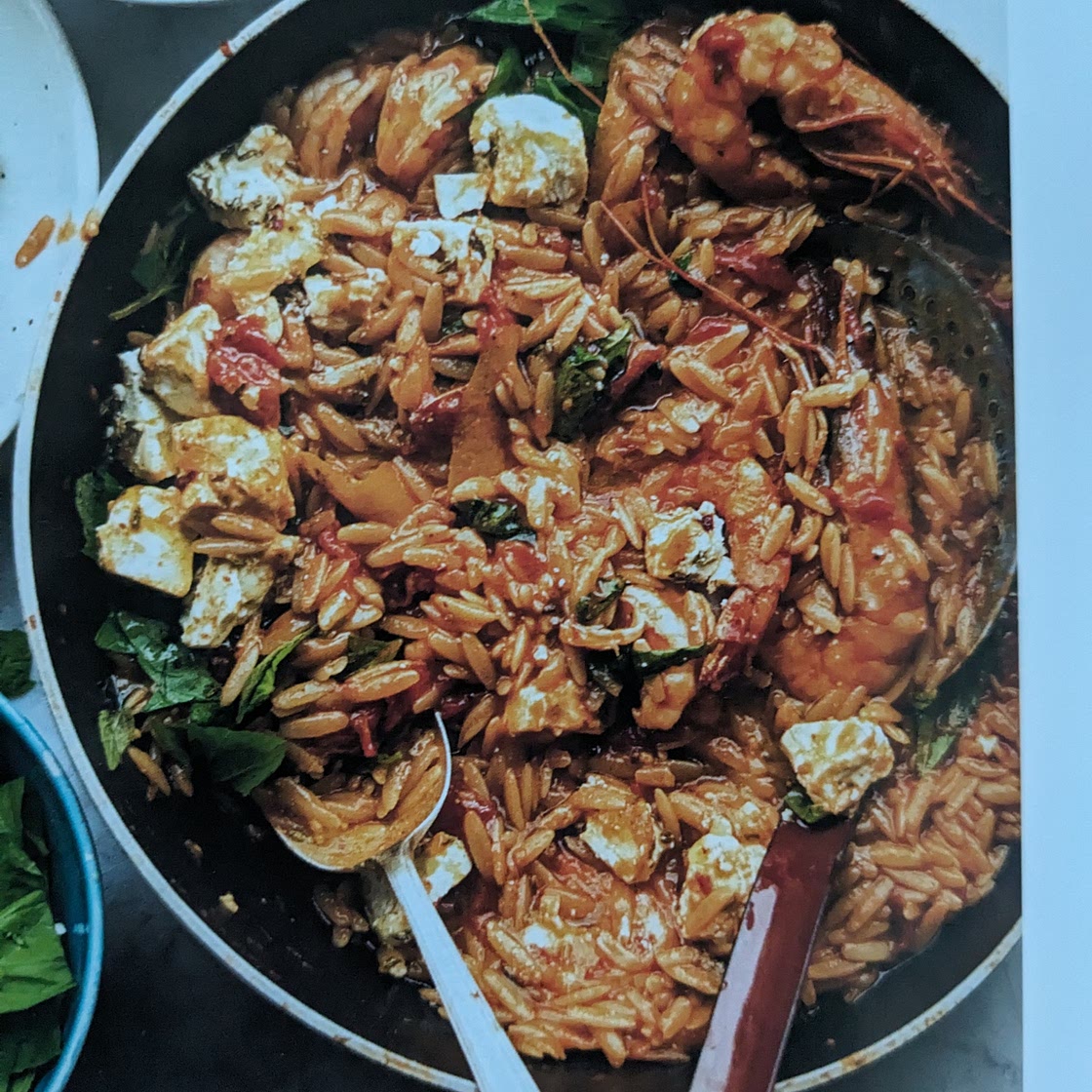 Orzo with prawns, tomato and marinated feta