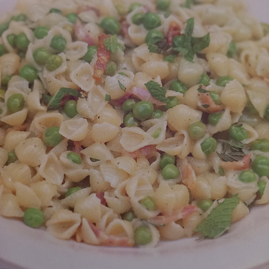 Mini shell pasta with a creamy smoked bacon and pea sauce