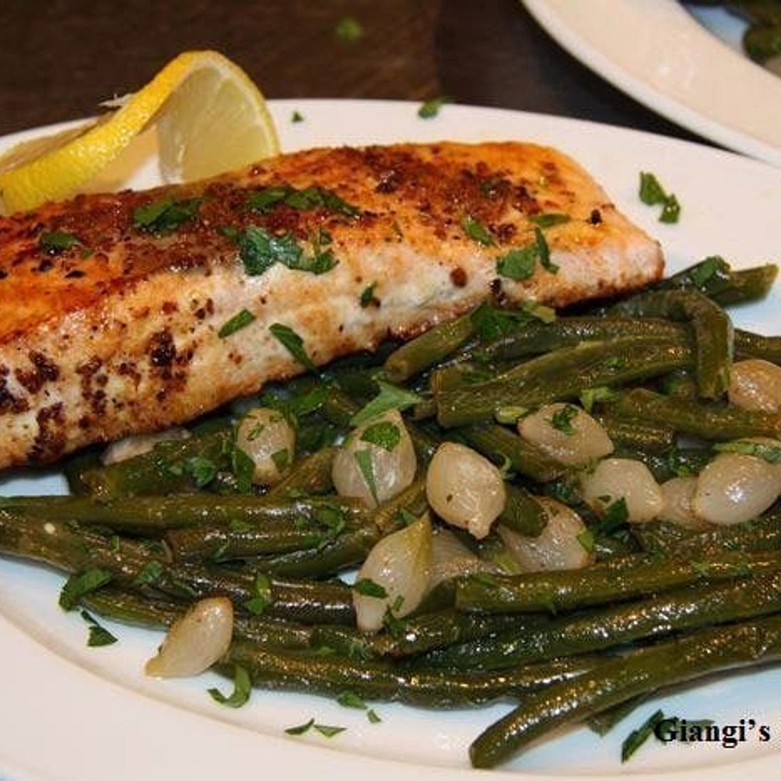 Green Beans with Pearl Onions and Salmon
