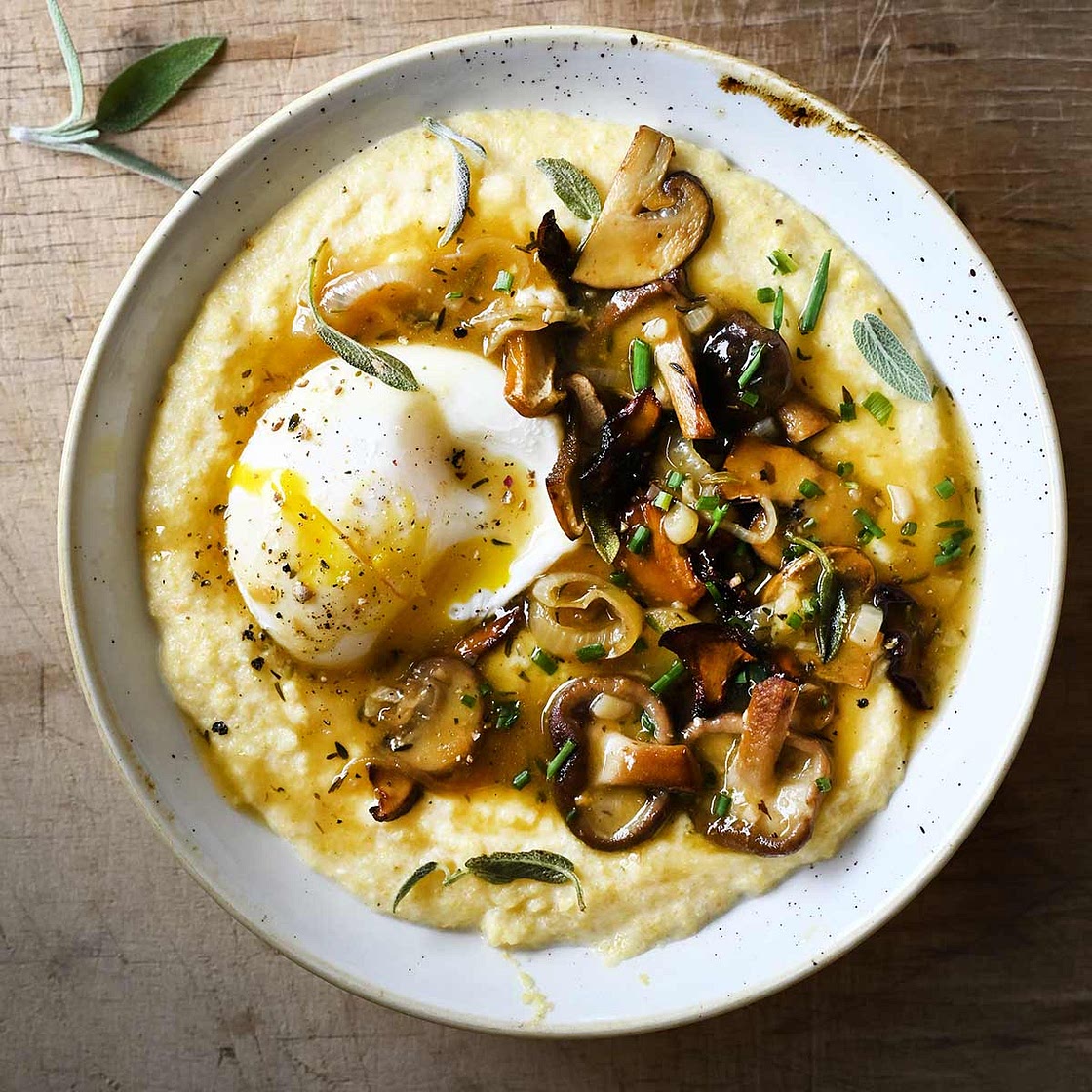 Polenta with beer sautéed mushrooms