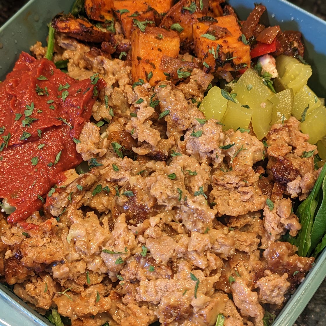 Chopped Burger Bowl with Sweet Potatoes