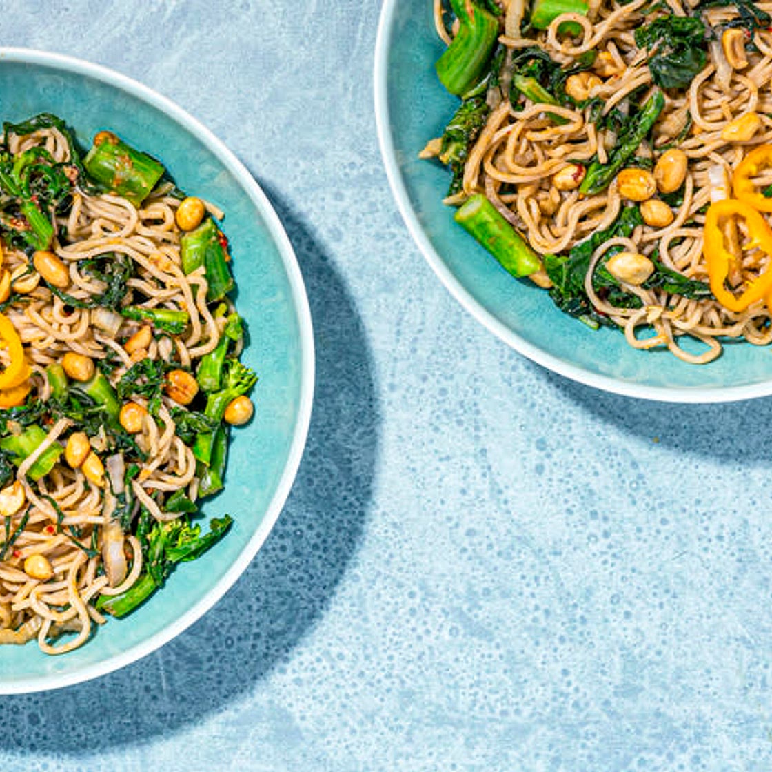 Sesame Ginger Noodles with Stir-Fried Greens & Toasted Peanuts