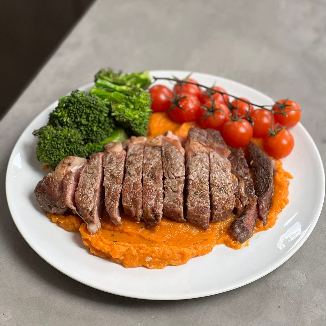 Roasted Garlic Sweet Potato with Ribeye Steak