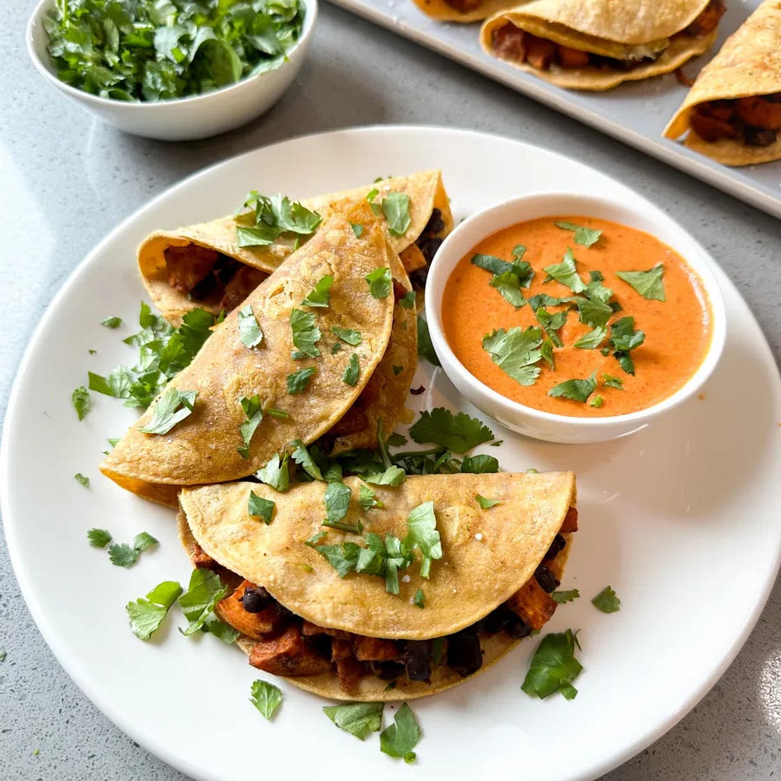 Baked Black Bean & Sweet Potato Tacos with Chipotle Sauce