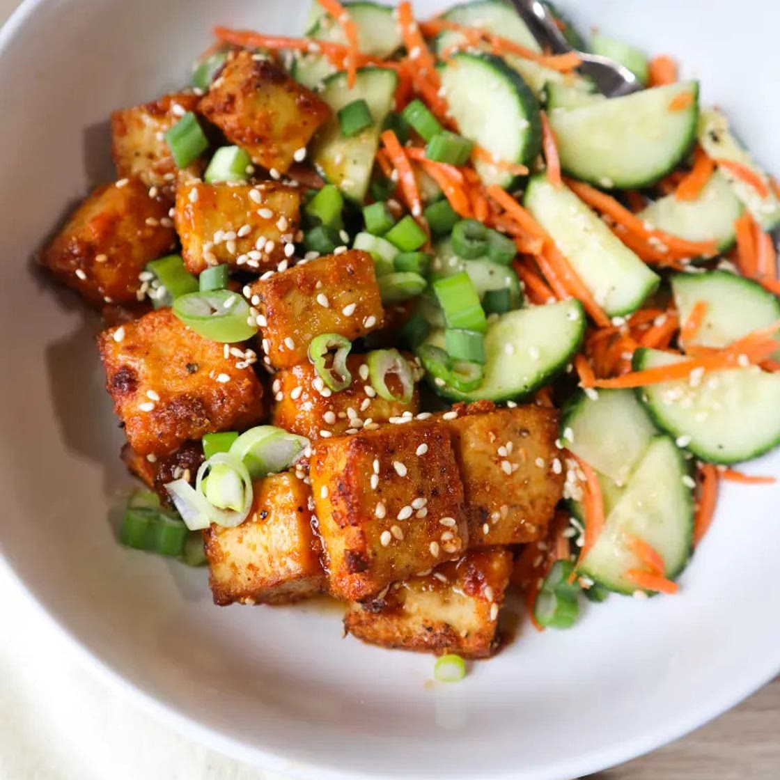 Sweet & Spicy Tofu with Cucumber Salad
