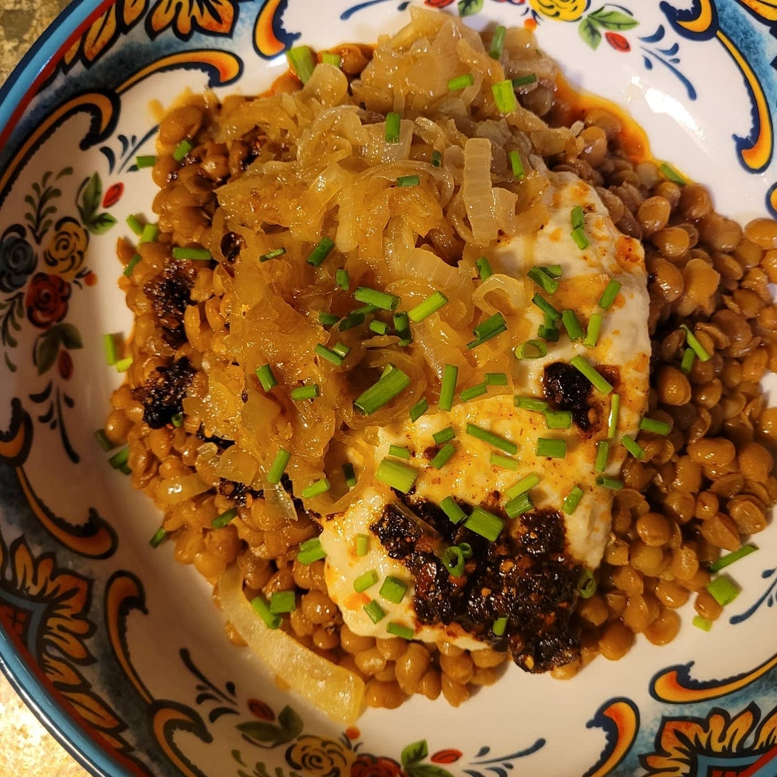 Lentils With Caramelized Onion Aioli and Crispy Chile Oil