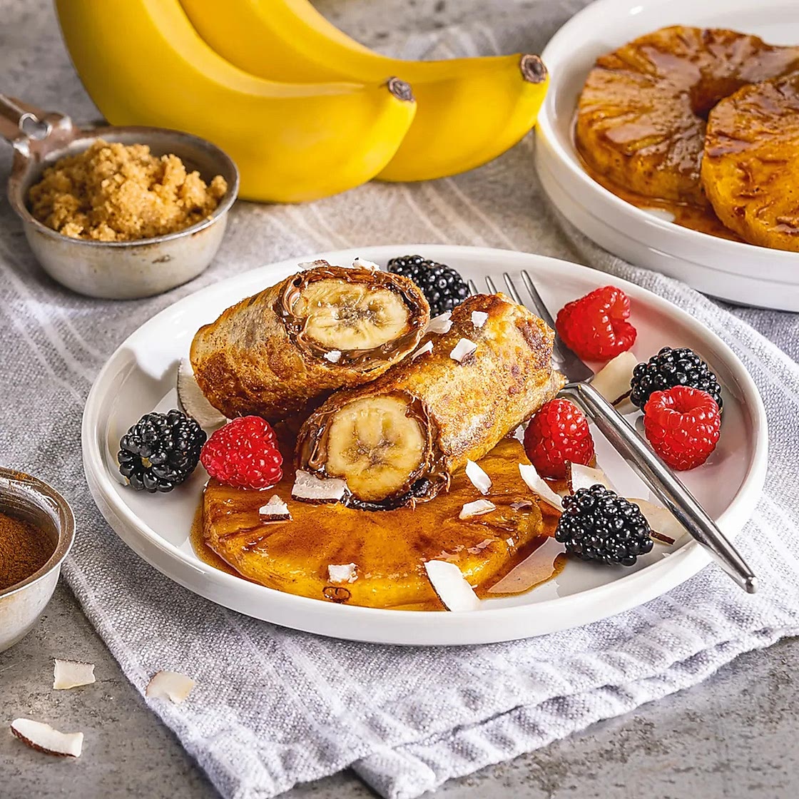 Banana Hazelnut Rolls with Pan-Roasted Pineapple