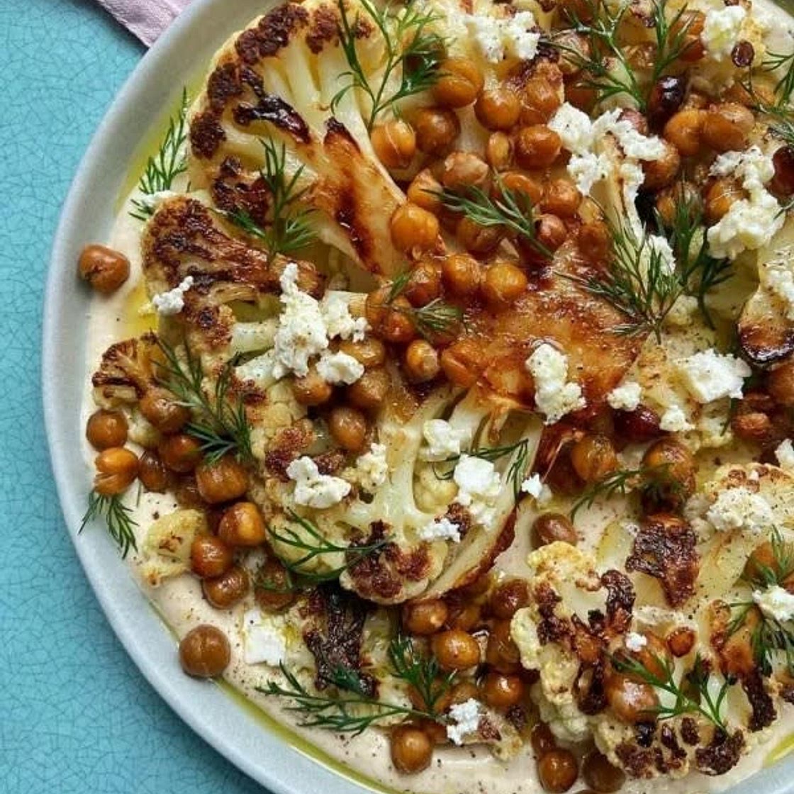 Crispy Chickpeas and Cauliflower over Lemony Tahini Yogurt