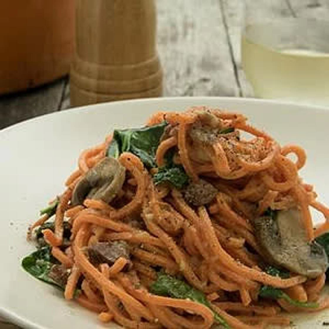Sweet Potato Carbonara with Spinach & Mushrooms