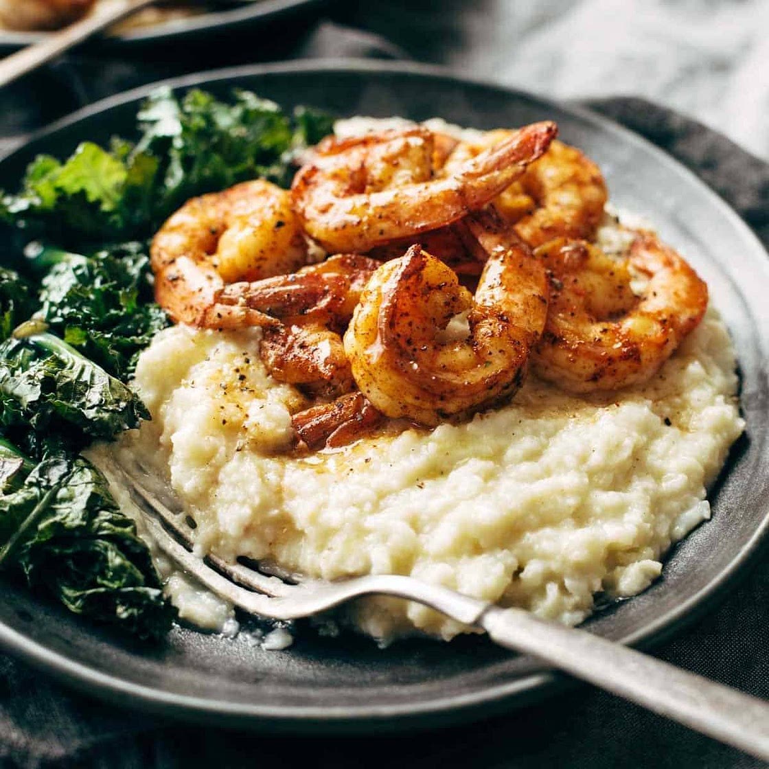 Spicy Shrimp with Cauliflower Mash and Garlic Kale