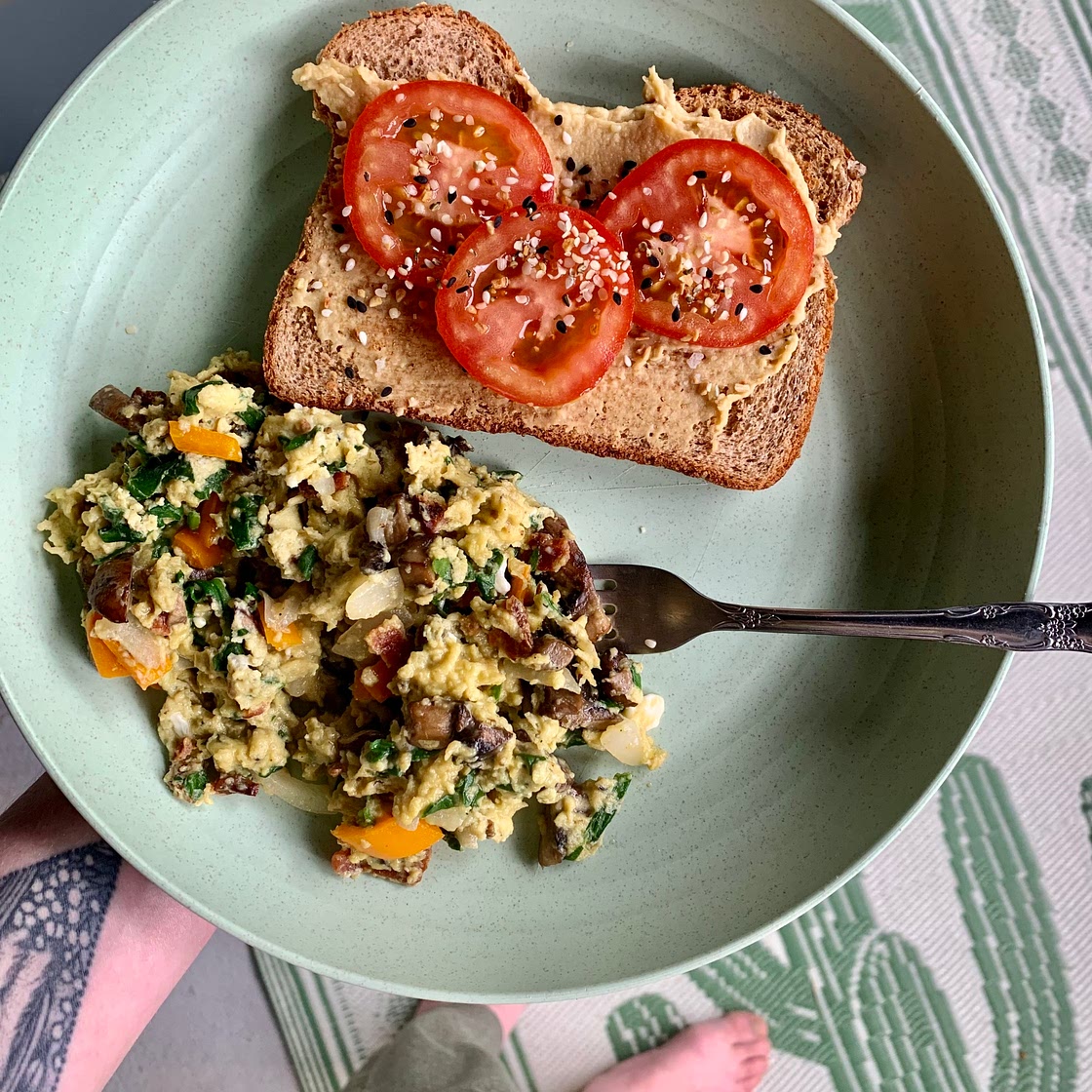 Breakfast Scramble with Hummus Toast