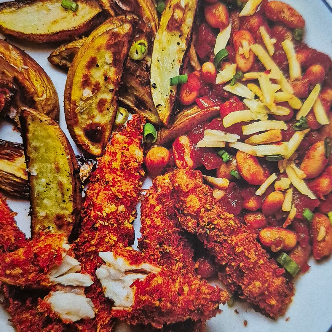 Homemade fish Goujins and cheesy beans