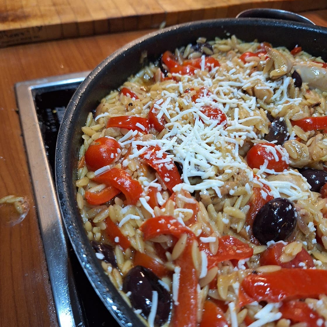 One-Pot Greek Oregano Chicken and Orzo with Tomatoes in Garlic Oil