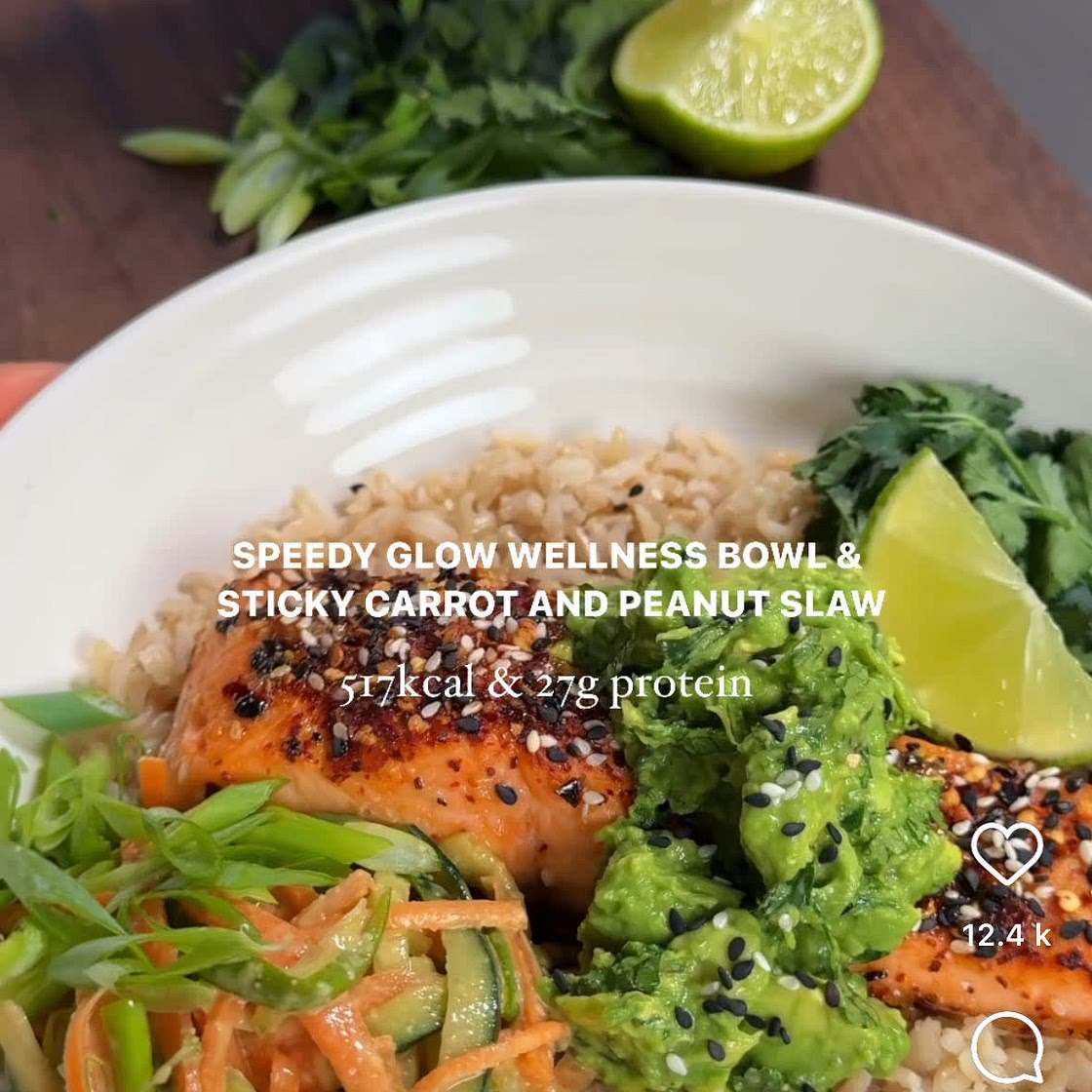 Speedy salmon wellness bowl with carrot and peanut slaw