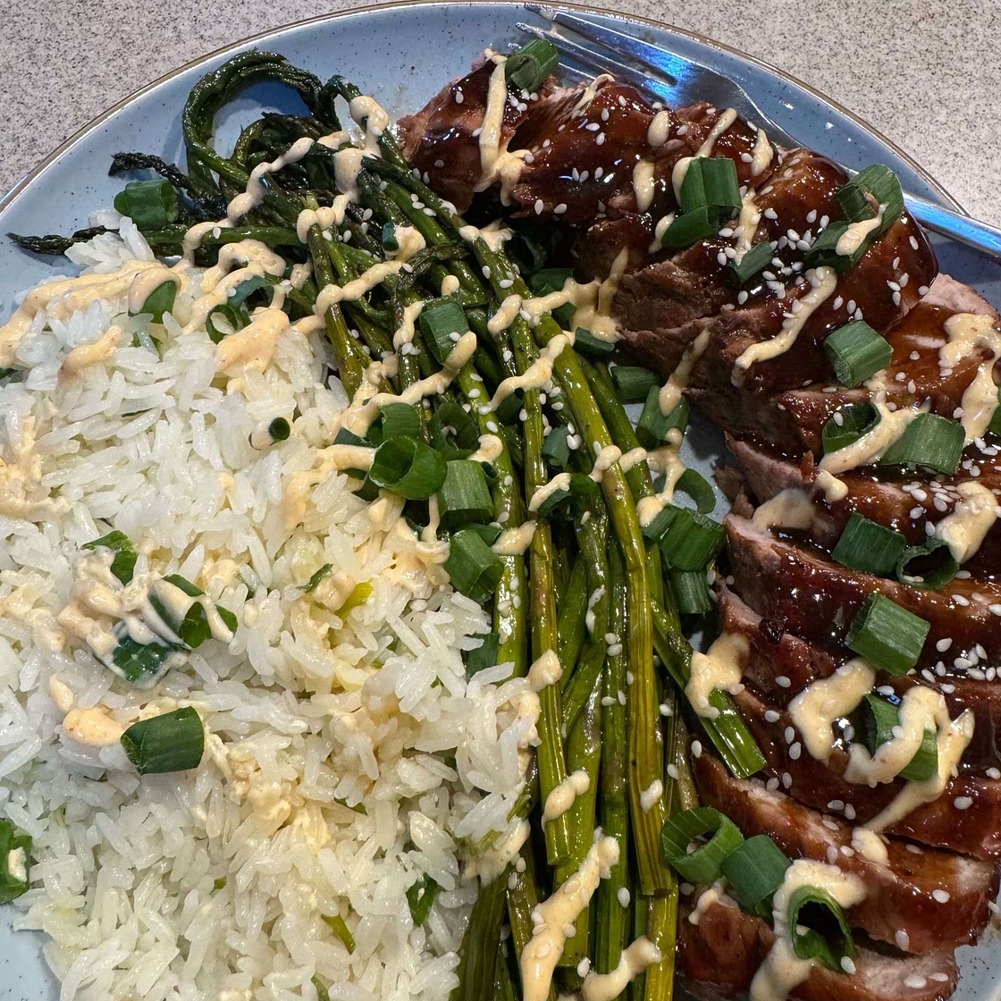 Hoisin-Glazed Pork Tenderloin with Scallion Rice, Ponzu Roasted