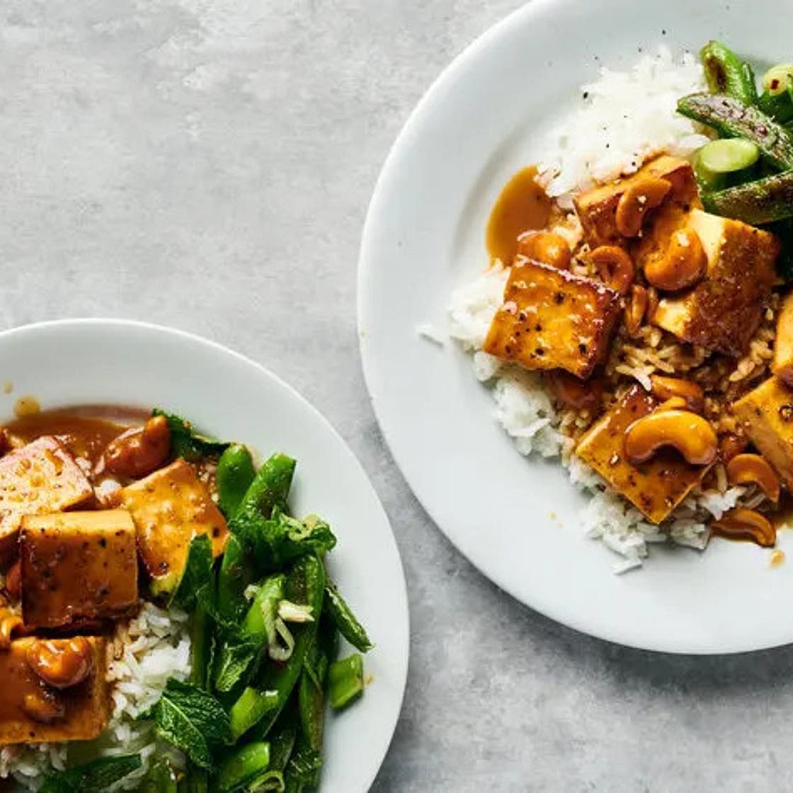 Crispy Tofu with Cashews and Blistered Snap Peas