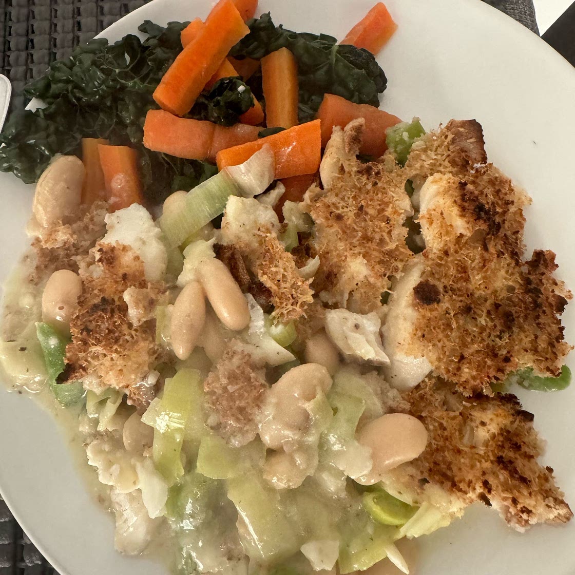 Smoked haddock, asparagus and bean gratin