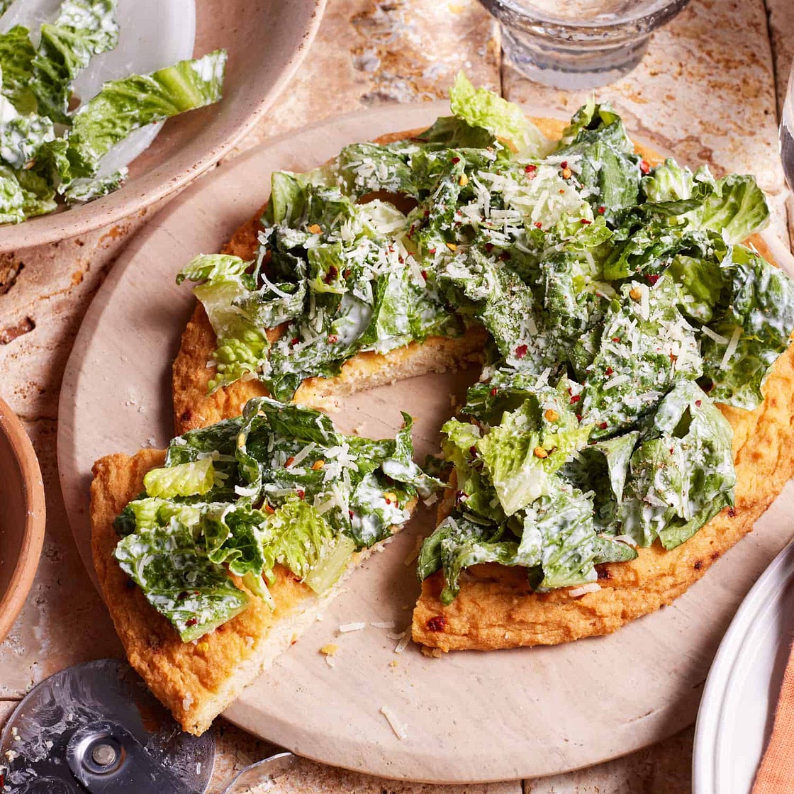 Viral Chicken Crust Caesar Salad Pizza