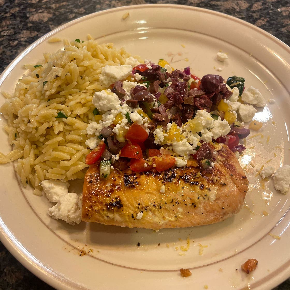 Grilled Salmon with Avocado Greek Salsa and Orzo