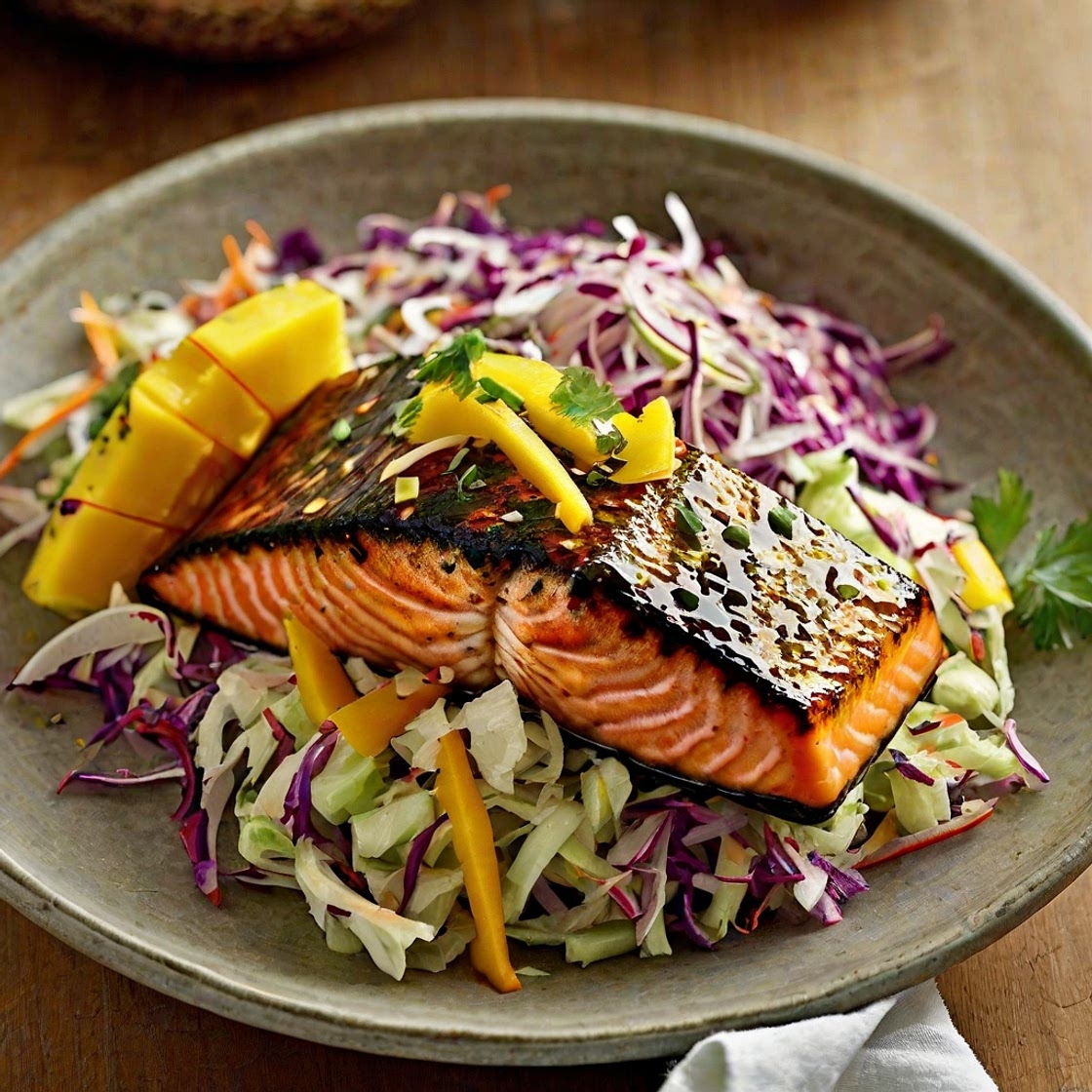 Sticky Jerk Salmon with Mango Slaw Recipe