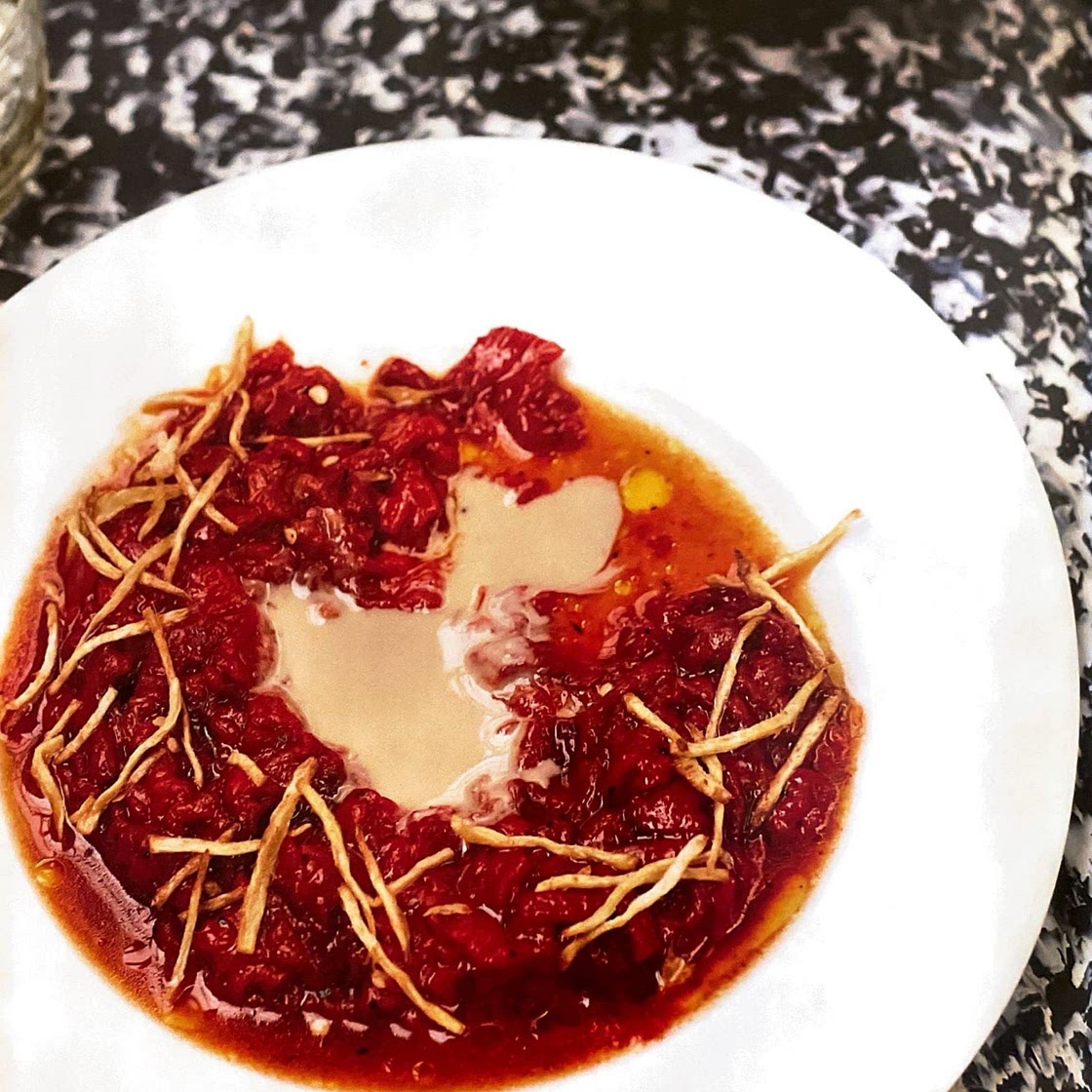 Charred red pepper tartare with crispy ginger dressing