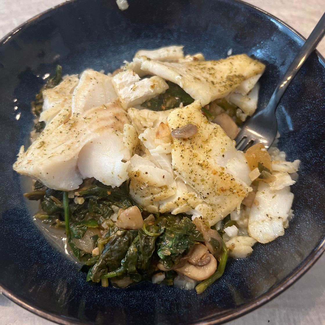 Herby Mediterranean Fish with Wilted Greens & Mushrooms