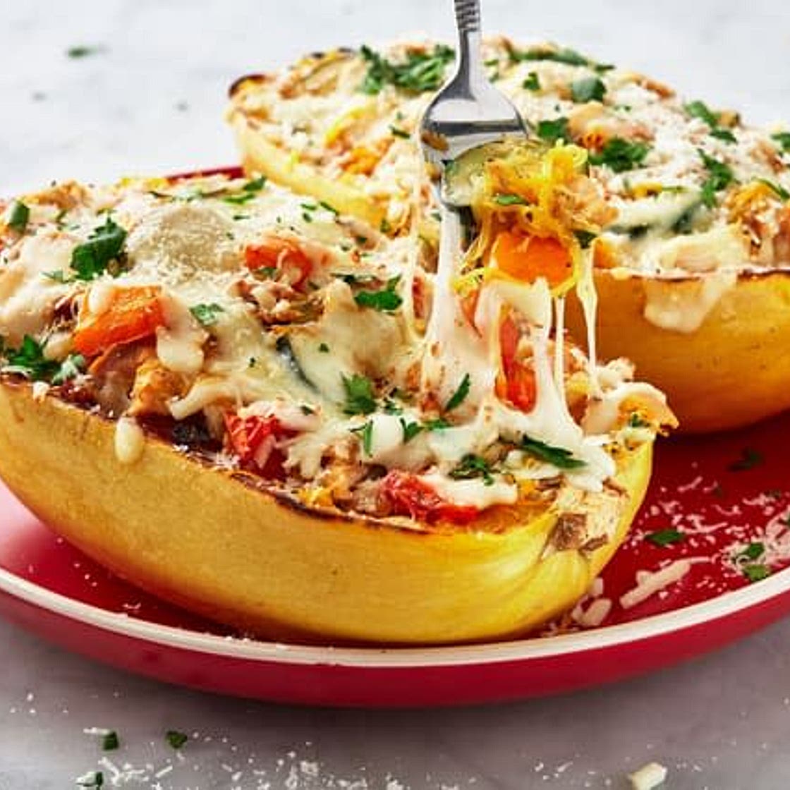 Chicken Primavera Spaghetti Squash Boats