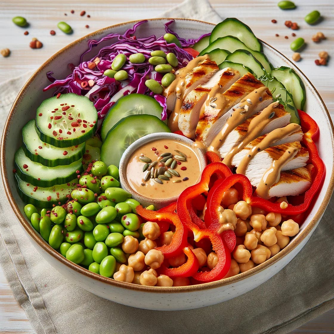 Salade poulet, édamamés, pois chiches