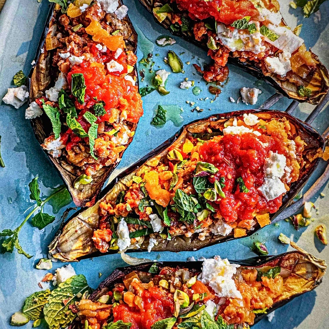 Spicy sausage stuffed aubergine 