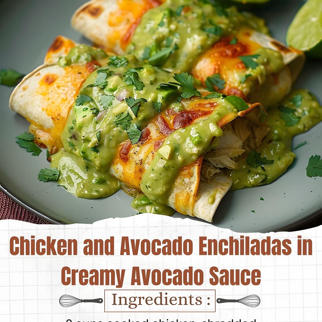 Chicken and avocado enchiladas in creamy avocado sauce