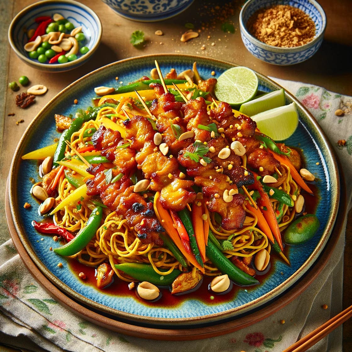 Crispy Air-Fried Satay Chicken with Stir-Fry Vegetables and Noodles