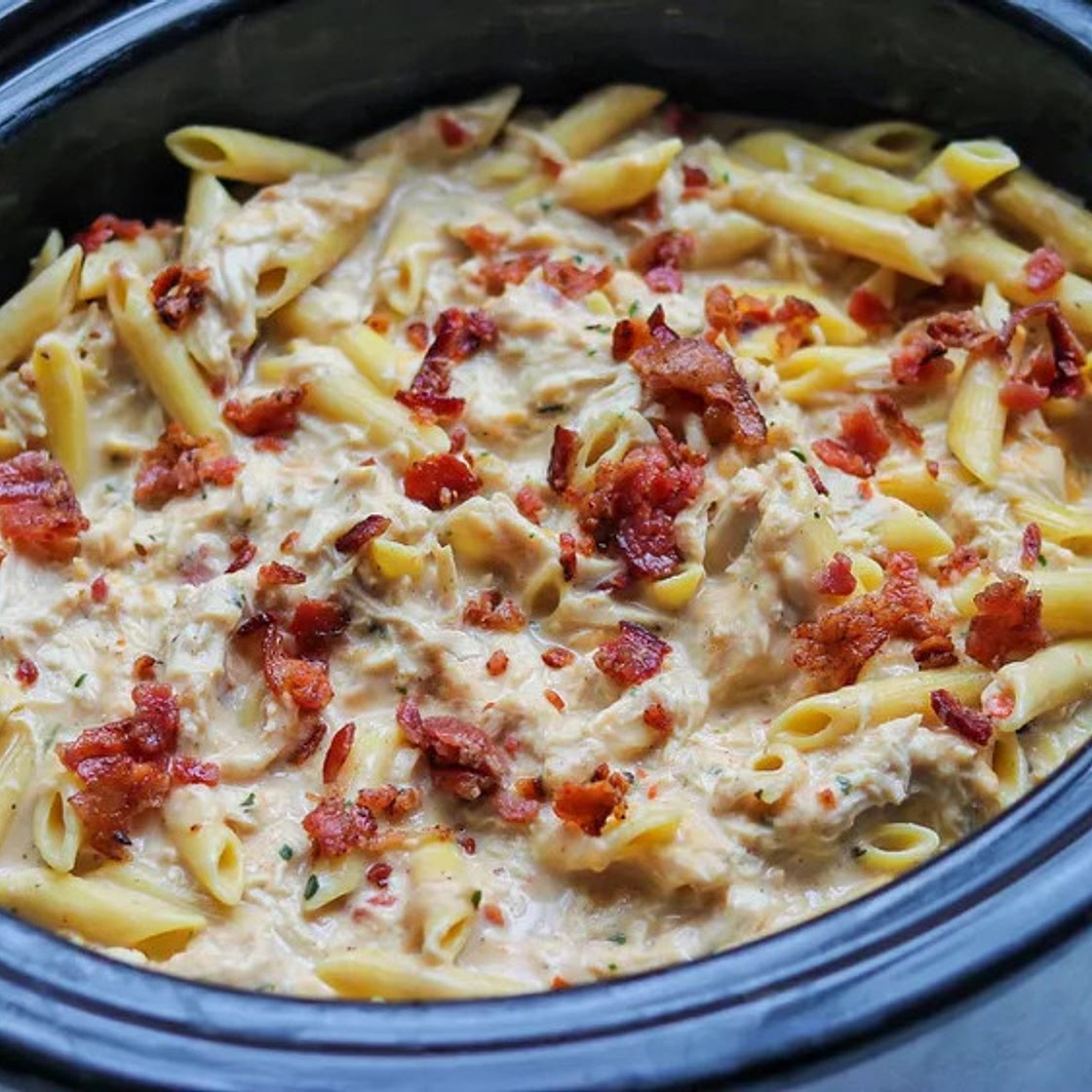 Crockpot Ranch and Bacon Chicken with Penne Pasta