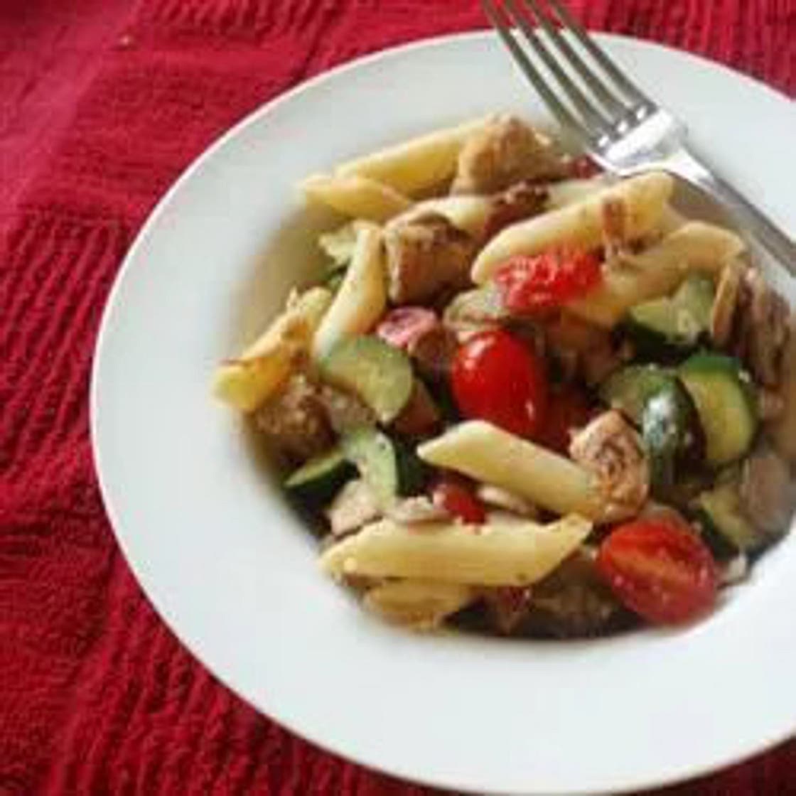 Pasta with Chicken, Bacon, and Summer Vegetables