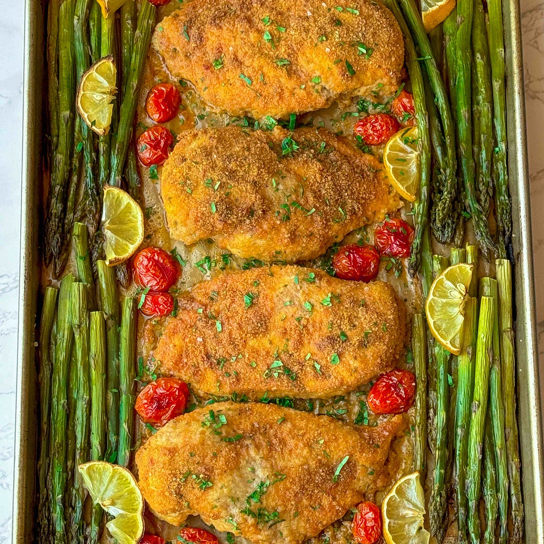 Parm Crusted Chicken with Roasted Asparagus And Burst Tomatoes