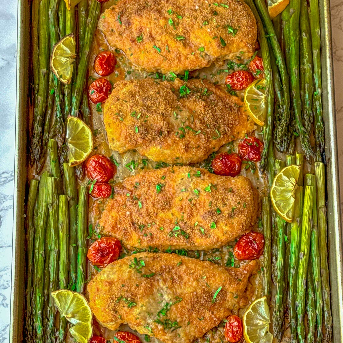 Parm Crusted Chicken with Roasted Asparagus And Burst Tomatoes