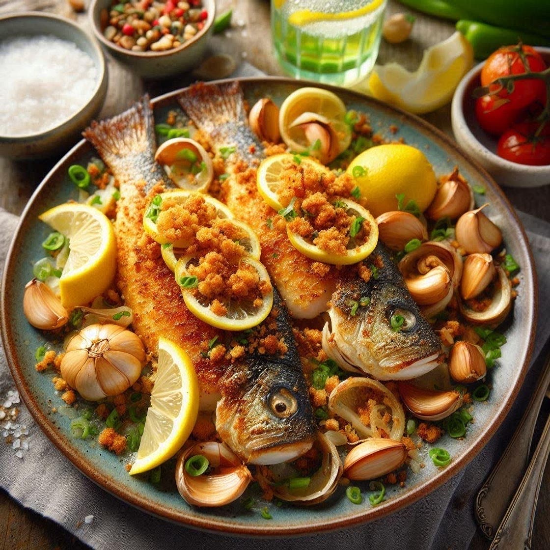 Zesty Crumb-Crusted Sea Bass with Roasted Garlic