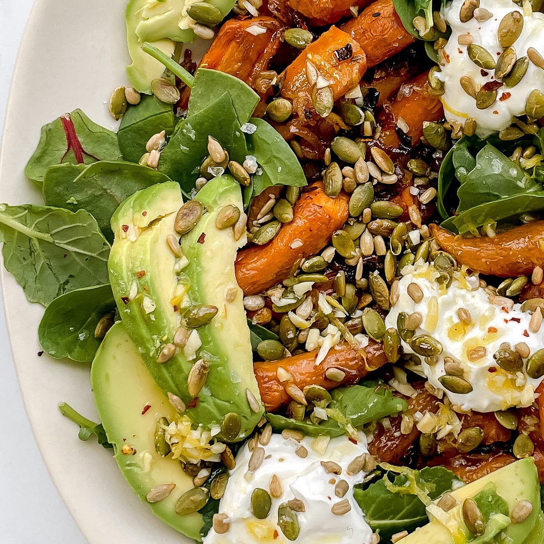 Roasted Carrot + Avocado Salad with Yogurt + Citrus Vinaigrette (Vegetarian, Gluten-Free. Inspired by ABC Kitchen)