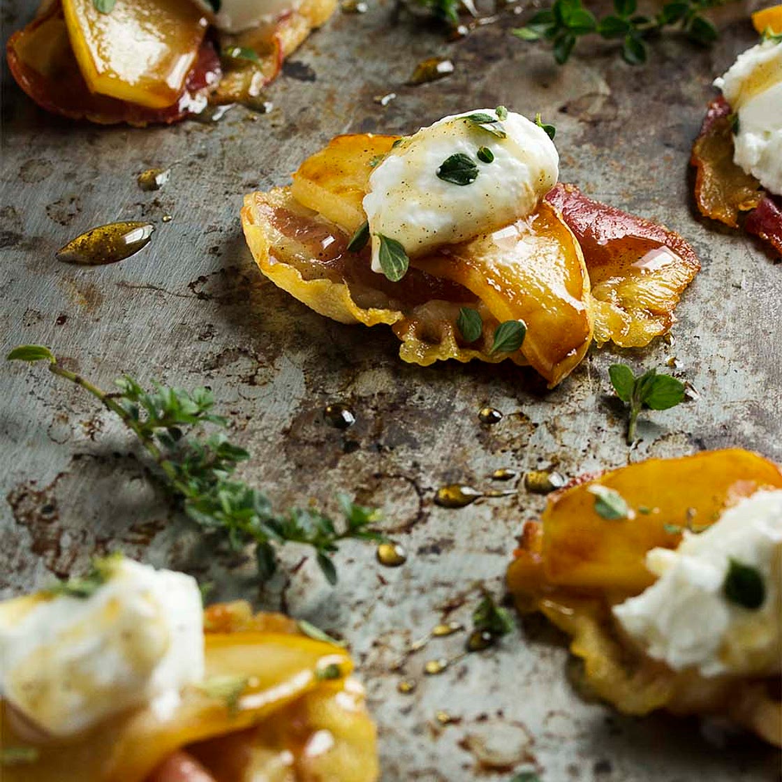Pear, Goat Cheese, and Pancetta Crisps