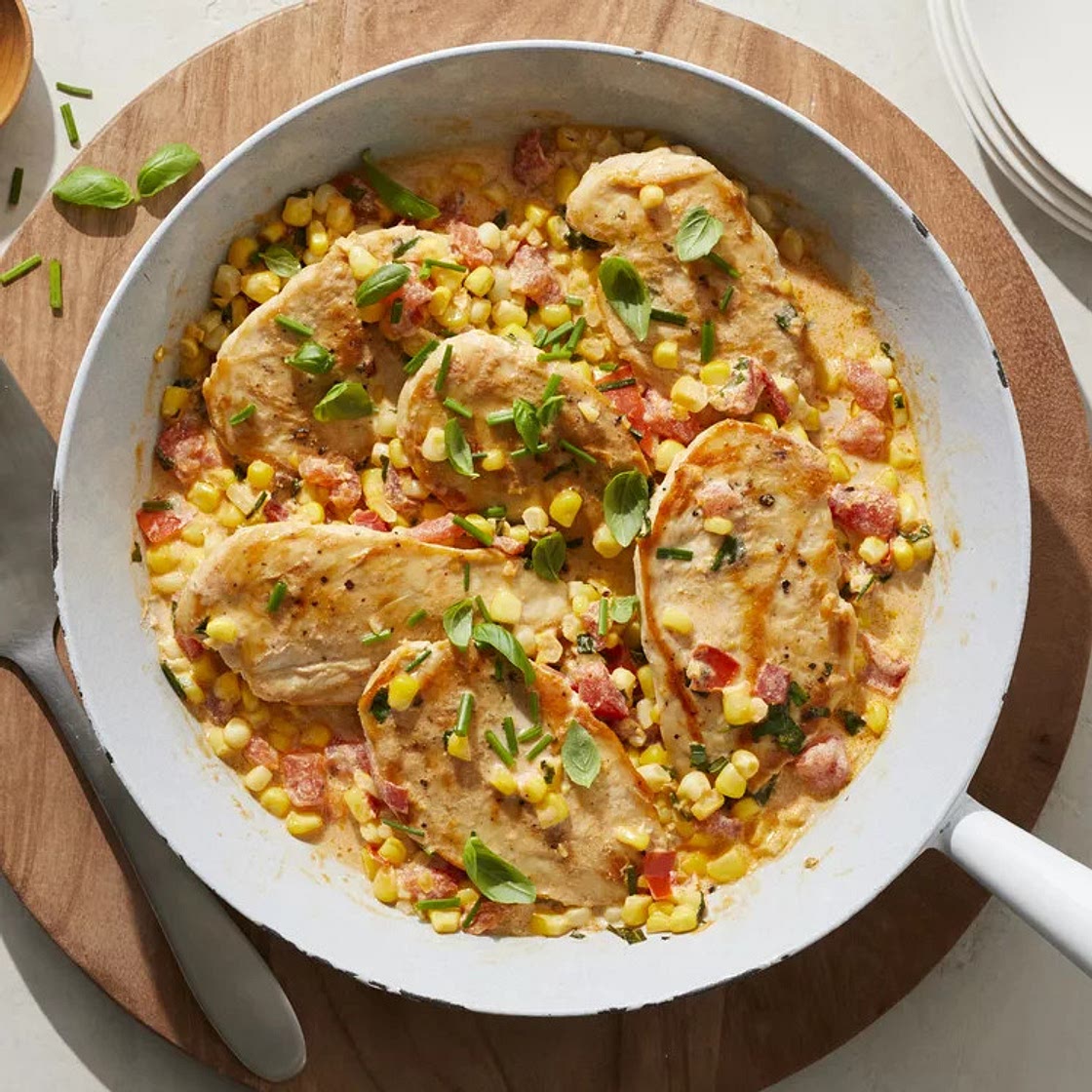 Creamy Skillet Chicken with Corn, Tomato & Basil