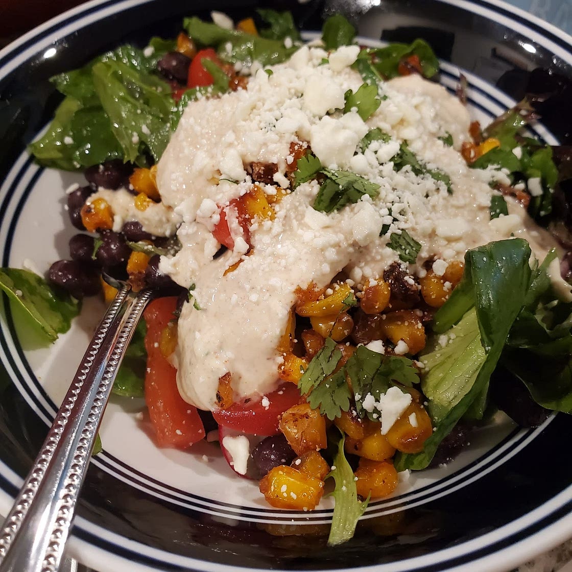 Mexican Street Corn Salad with Black Beans, Radish, Feta & Lime Crema