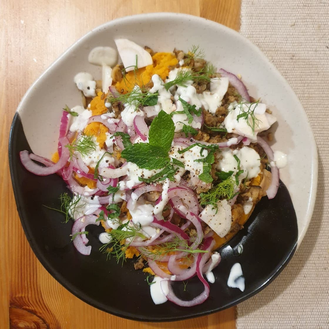 Sweet Potato Bowls With Spiced Lamb and Mushrooms