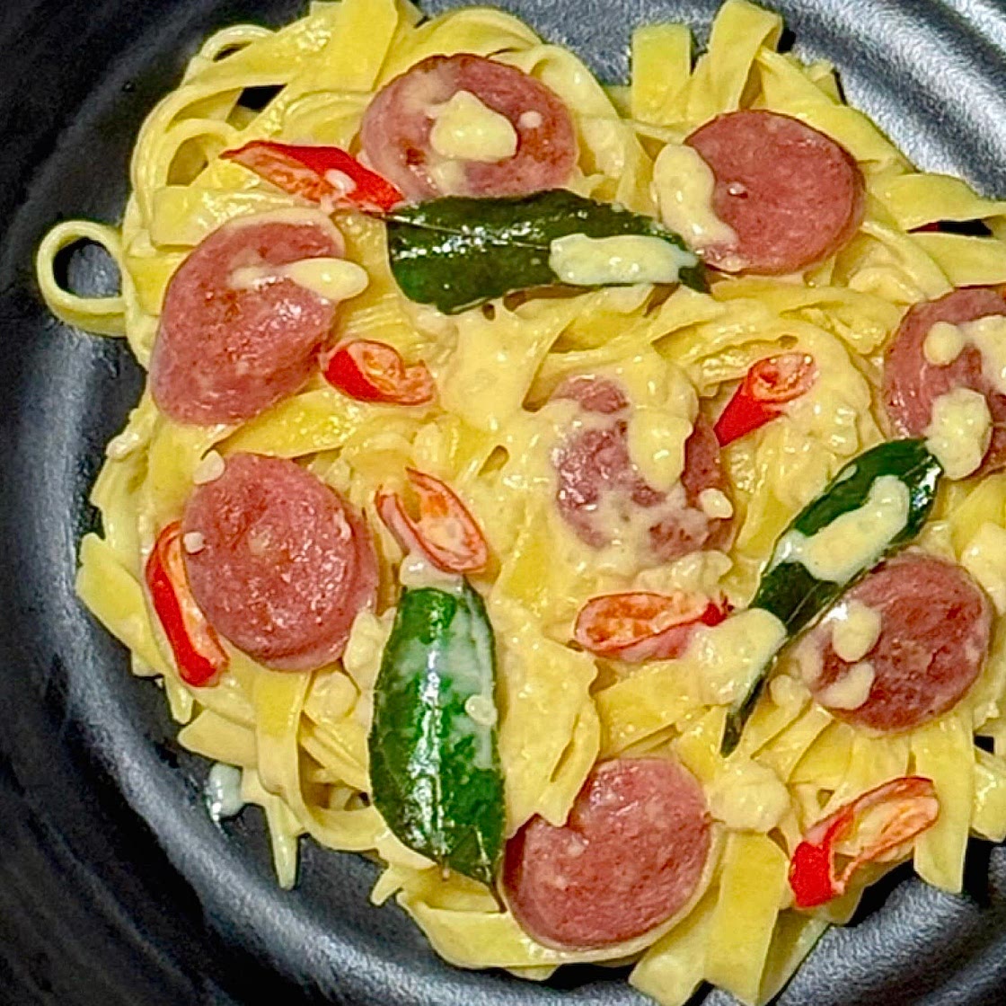 Creamy Salted Egg Tagliatelle with Taiwanese Chicken Sausage