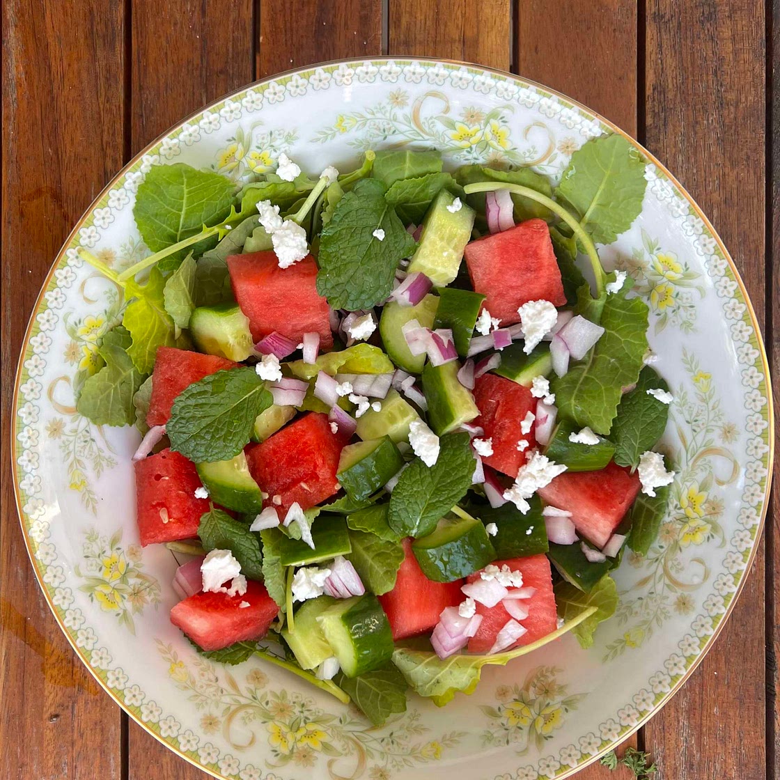 Watermelon, cucumber, and feta salad
