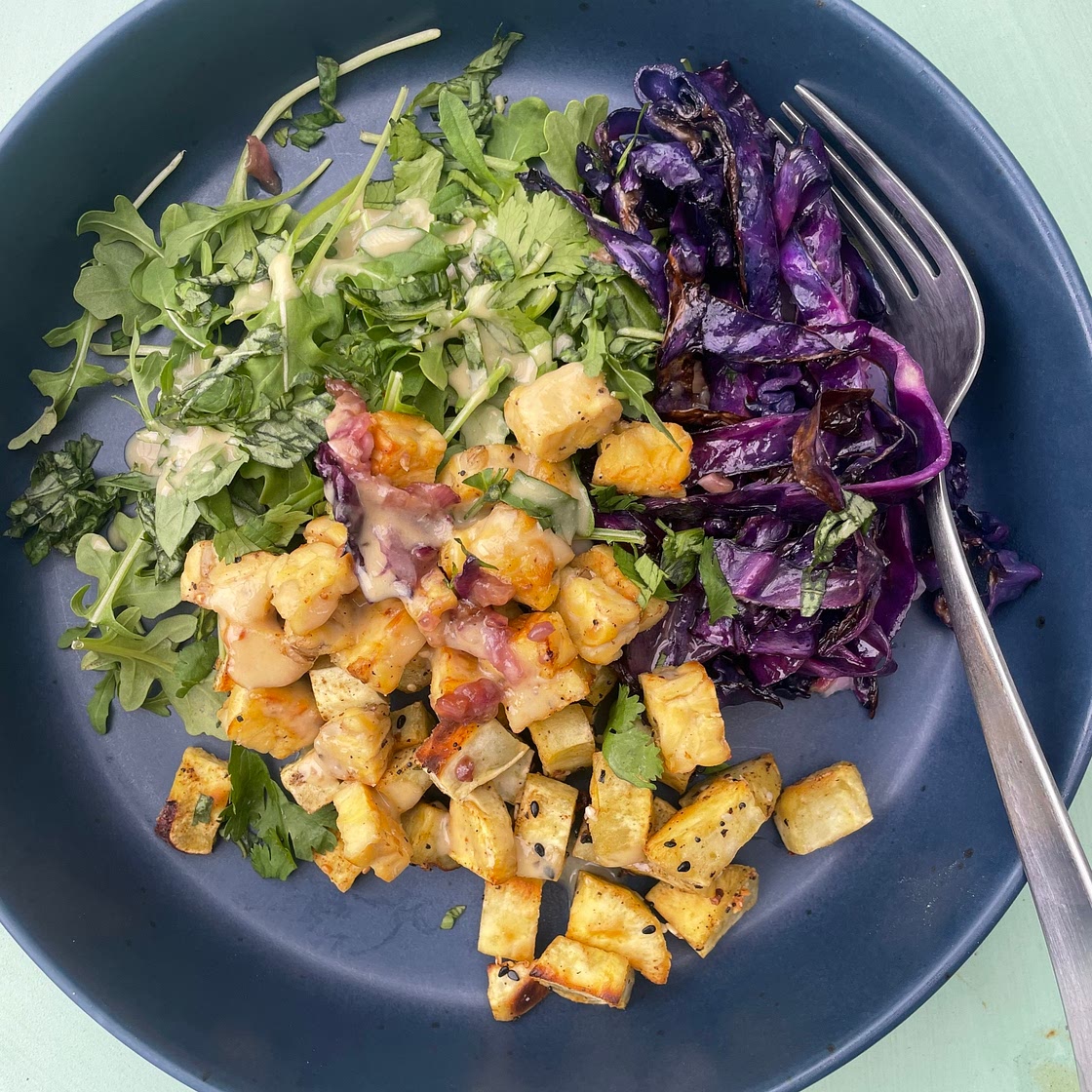 Miso Cabbage with Arugula, Tempeh, Japanese Sweet Potatos, and Quinoa