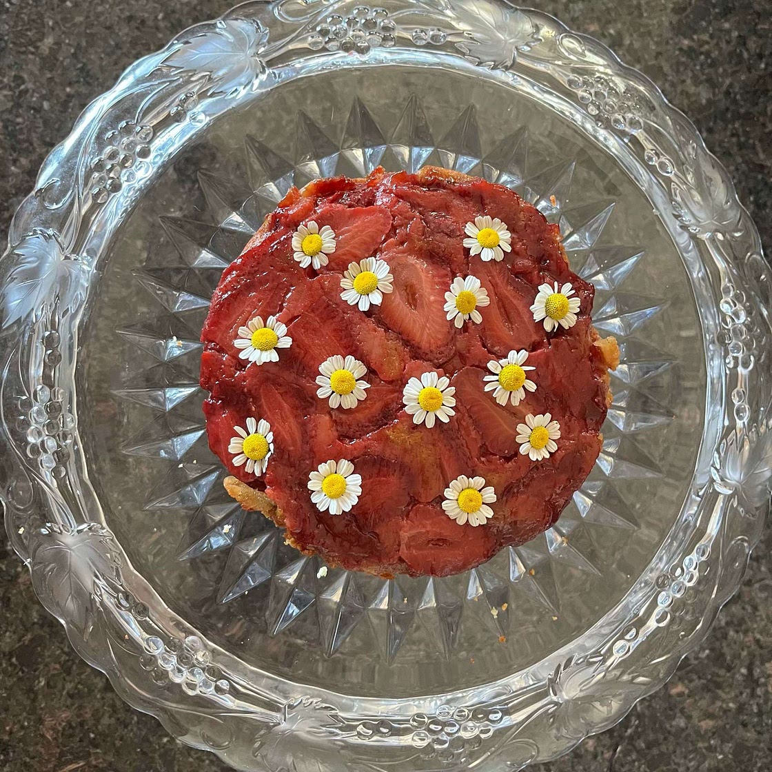 Strawberry Chamomile Upside-Down Cake - CafeHailee