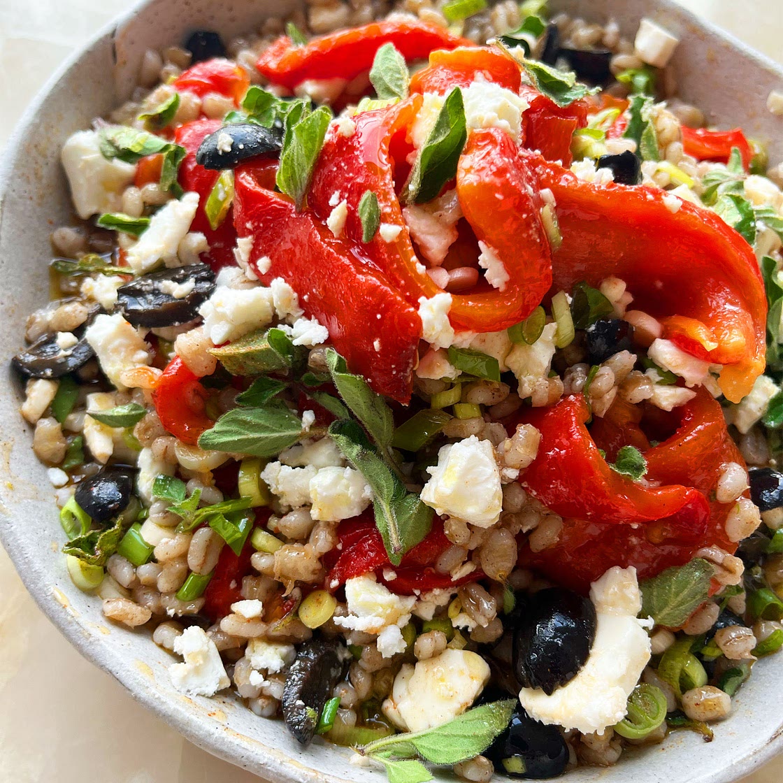 Farro and roasted red pepper salad