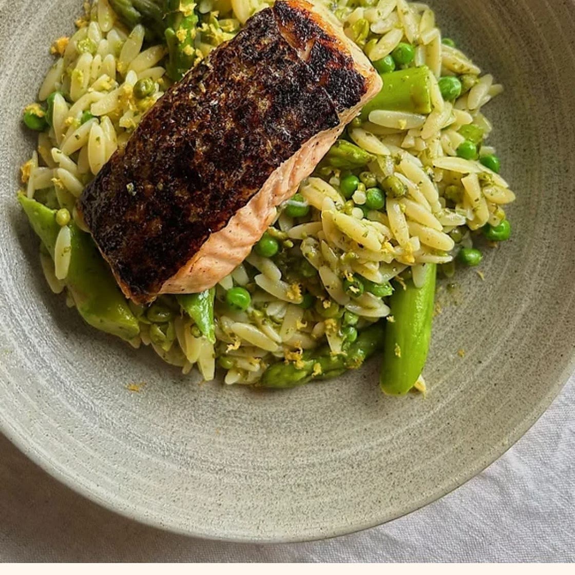 Green Orzo with Pan Fried Salmon