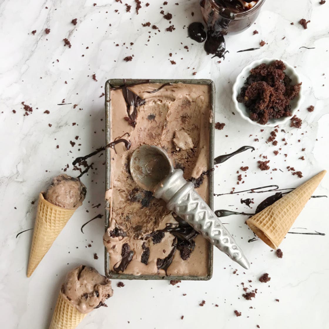No-Churn Chocolate Fudge Brownie Ice Cream - Pinecones and Acorns