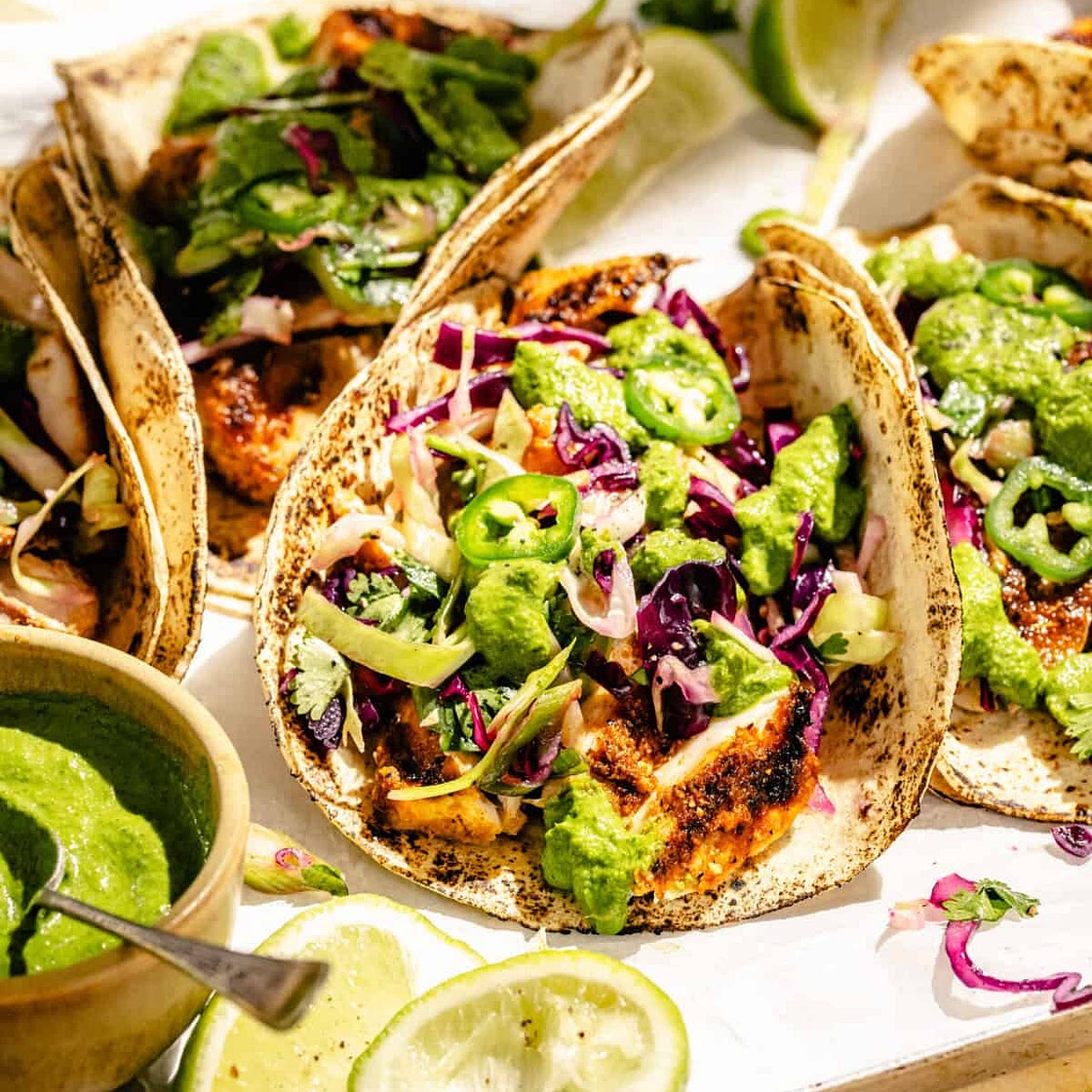 Grilled Fish Tacos with Citrus Slaw and Green Sauce