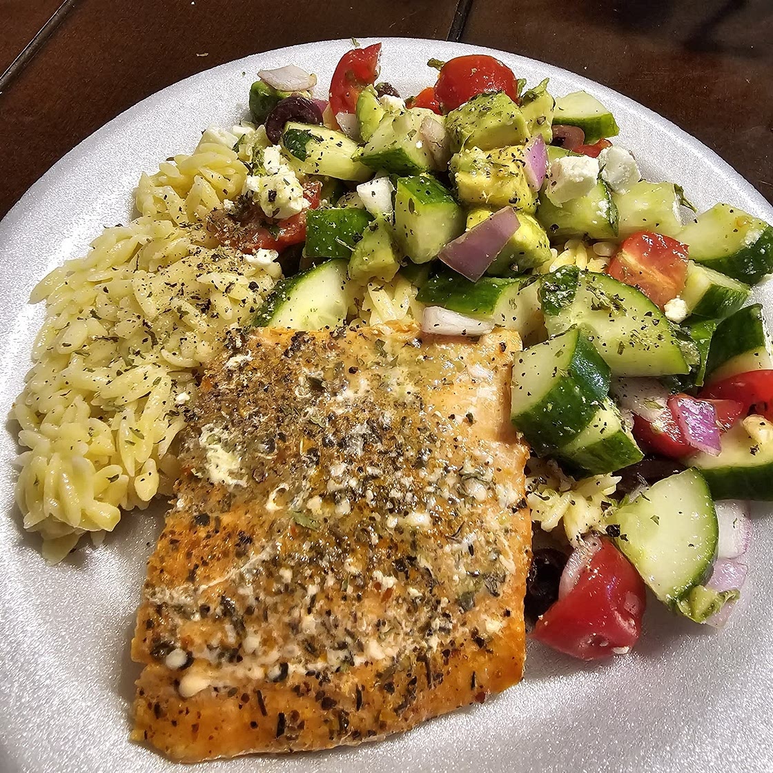 Grilled Salmon with Avocado Greek Salsa and Orzo